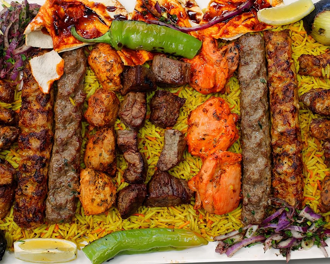 Mixed grill platter on charcoal with beef kebab, chicken and rice at Donya Kebab London, Ontario