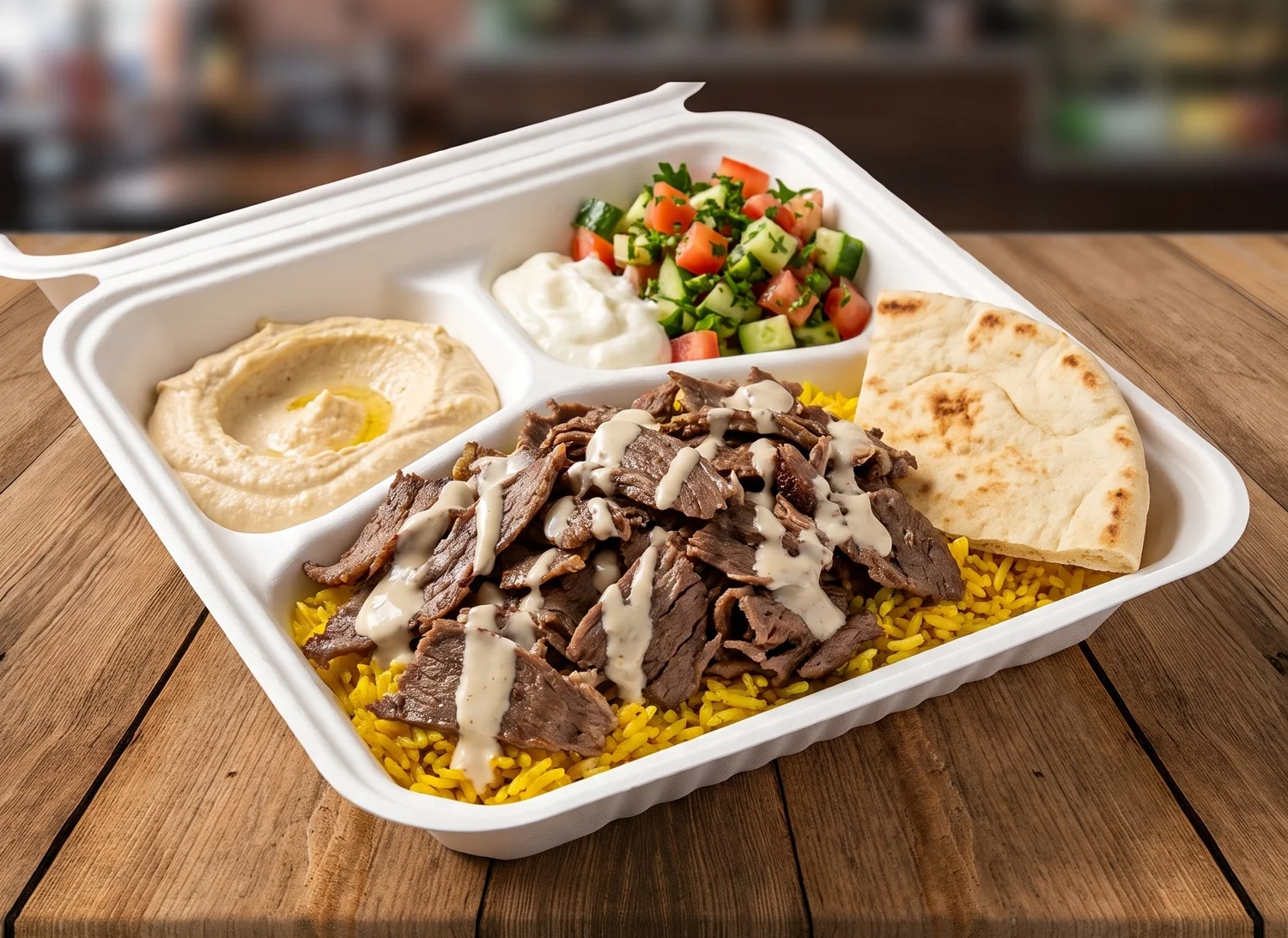 Beef shawarma plate with rice, salad and garlic sauce at Donya Kebab in London, Ontario